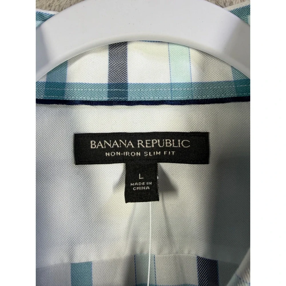 Banana Republic Button Down Shirt Mens L Blue Plaid Non-Iron Slim Fit NWT